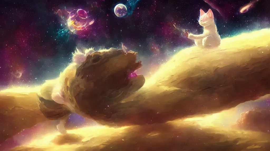 Prompt: cosmic kitty floating in space, bright stars, anime, a fantasy digital painting by Greg Rutkowski and James Gurney, trending on Artstation, highly detailed