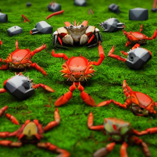 Image similar to voidless of the festival, large group of crabs and worms, crawling along a bed of moss, low poly, creeper world, handcrafted, artstation, hyperrealistic, hard light, best practices, creeptastic, photorealism, macro perspective, cuddly