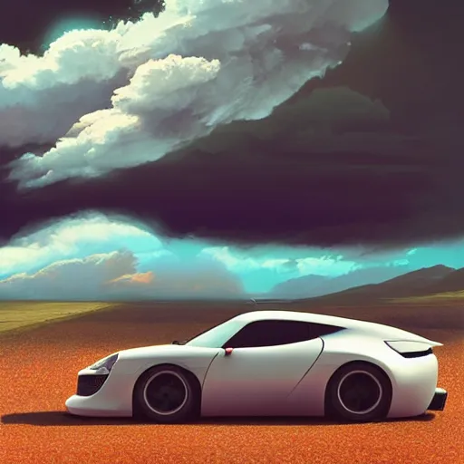 Prompt: a random crossover design sport car in a utopia world. art by filip hodas. clouds by rhads. car by porsche.