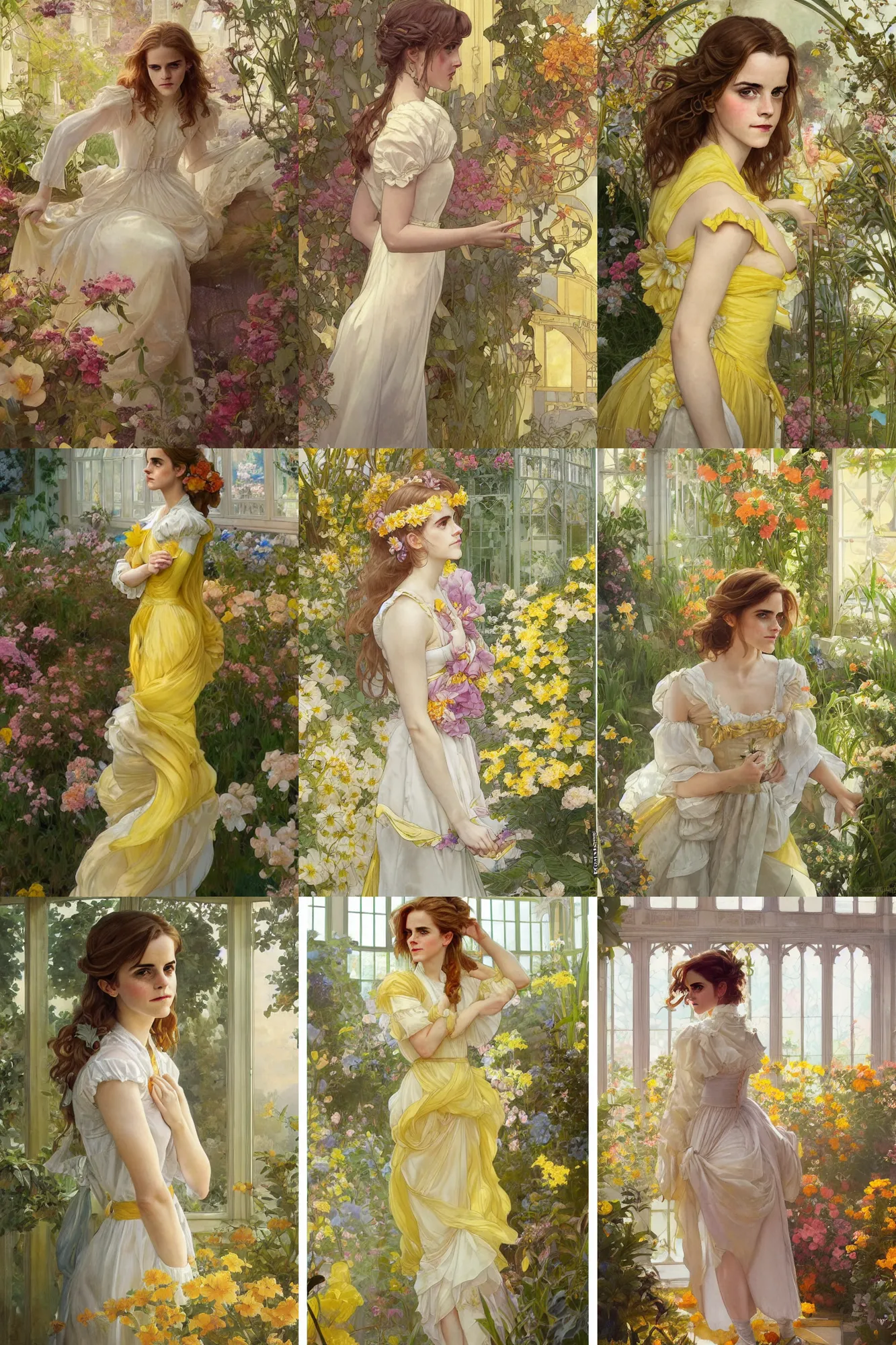 Prompt: a emma watson in a maid's outfit in a flower orangery, wavy hair yellow theme, s line, 4 5 angel by krenz cushart and mucha and greg rutkowski