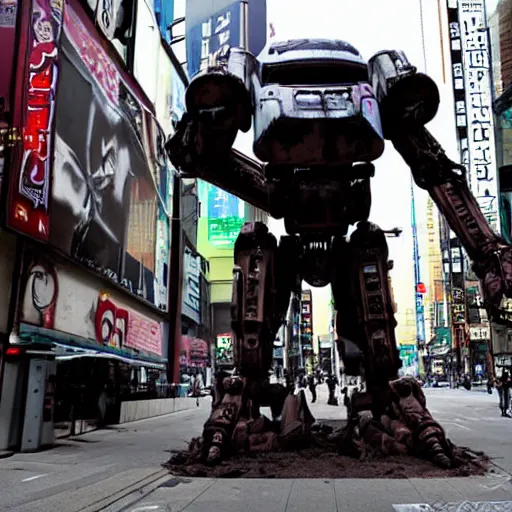 Image similar to a giant doom droid in a dirty cyberpunk shinjuku street