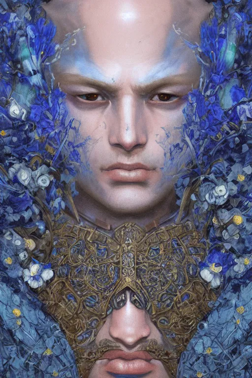Prompt: portrait of beautiful young man, warhammer, japanic style, cyberpunk armor, a lot of scars, more and more flowers, blue head, the middle ages, highly detailed, artstation, illustration, art by jean delville, 8 k quality
