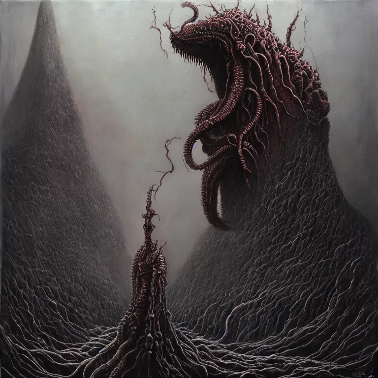 Image similar to art by Zdzislaw Beksinski detailed painting of the biomechanical elder god, intricate matte painting background, elegant horror artwork, many colors in eldritch nightmare, luxurious, ominous, 4k, cinematic, by Yoshitaka Amano, horizontally symmetrical, by Wayne Barlowe, trending on Artstation