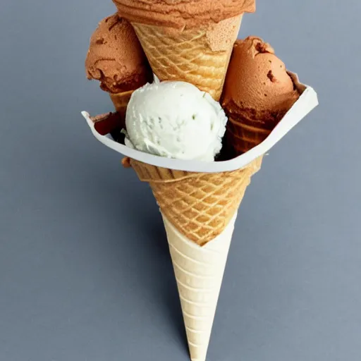 Prompt: a photograph of an ice cream cone skeleton in a miniature ice cream coffin.