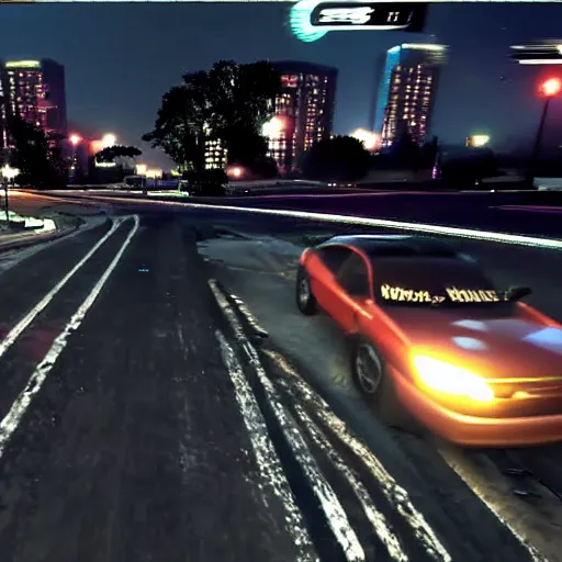 Prompt: chase camera gameplay footage of need for speed underground 2 in bayview at night