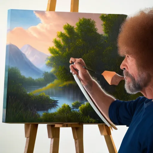 Image similar to a closeup photorealistic photograph of bob ross working on a canvas painting of hawkeye. film still. brightly lit scene. this 4 k hd image is trending on artstation, featured on behance, well - rendered, extra crisp, features intricate detail, epic composition and the style of unreal engine.