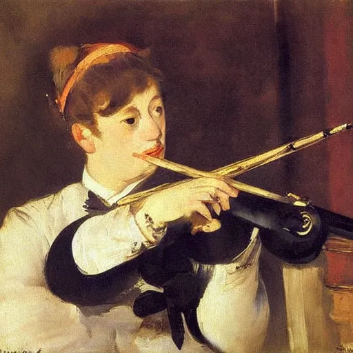 Prompt: an oil painting of a flute player by Manet