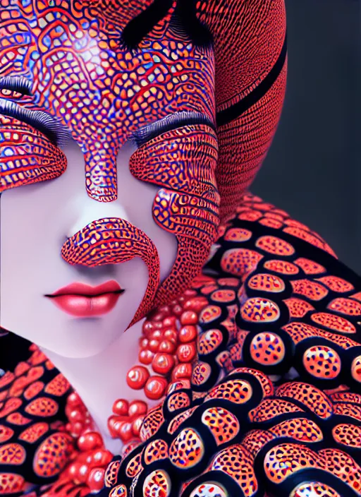 Image similar to hyperrealistic detailed image of a geisha in a art installation room, hd smooth interior by yayoi kusama, part by kei mieno, part by ross tran, dark art by james jean, ultra realistic, highly detailed, life like face, detailed body, 8 k, 3 d render by roger magrini, masterpiece