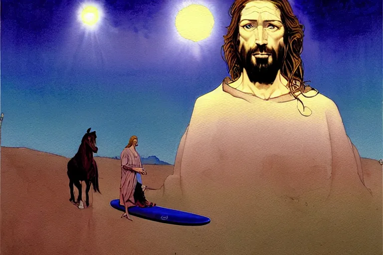 Prompt: a hyperrealist watercolour character concept art portrait of jesus, there is a surfboard. there is twilight zone vibe. on well lit night in las vegas. there is a horse. a ufo is in the background. by rebecca guay, michael kaluta, charles vess and jean moebius giraud