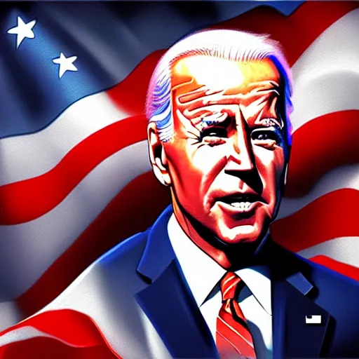 Image similar to joe biden in cyberpunk america, trending on artstation, detailed art, oil painting,