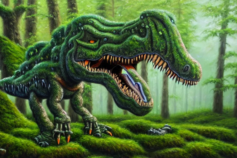 Image similar to highly detailed oil painting of a mossy tire sculpture of a tyrannosaurus in the forest, featured on pixiv