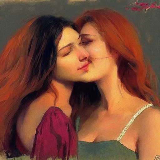 Prompt: two beautiful women in love, leaning in, vertical symmetry, warm colors, vintage shading, by Ilya Repin, artstation