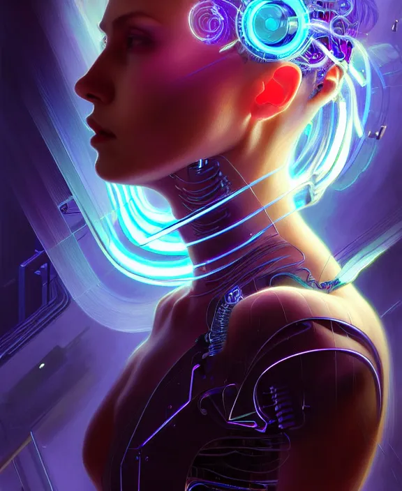 Image similar to a whirlwind of souls rushing inside the metaverse, hologram, half body, neurochip, shaved temple, piercing, jewelry, android, cyborg, cyberpunk face, by loish, d & d, fantasy, intricate, elegant, highly detailed, colorful, digital painting, artstation, concept art, art by artgerm and greg rutkowski and alphonse mucha