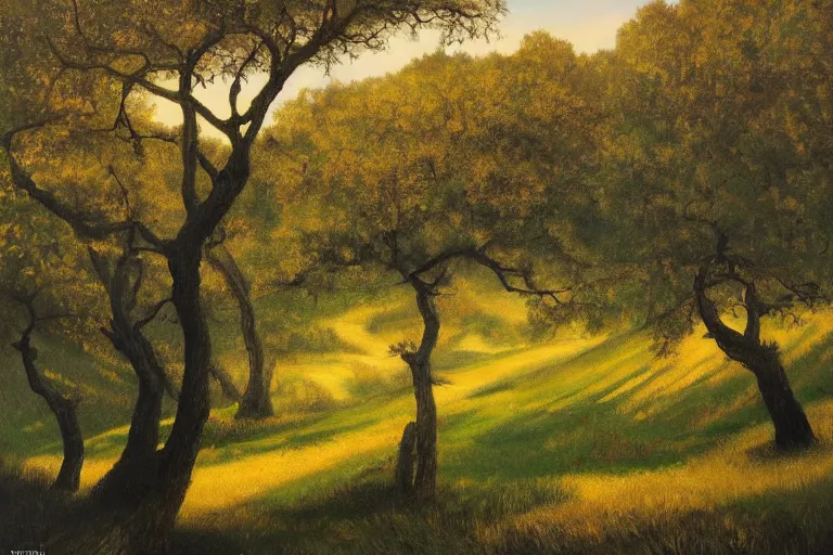 Image similar to masterpiece painting of oak trees on a hillside overlooking a creek, dramatic lighting, by hiro osono