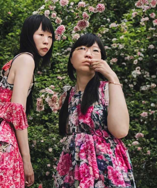 Image similar to a focus shot photo of two women in floral dress in taiwan