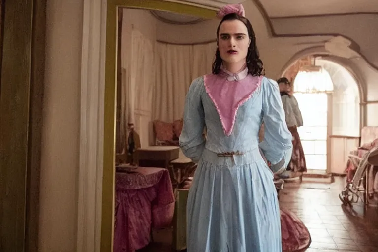 Image similar to mid-shot of Katie McGrath as the maid in the new movie directed by Wes Anderson, symmetrical shot, idiosyncratic, relentlessly detailed, pastel, limited colour palette, detailed face, movie still frame, promotional image, imax 70mm footage