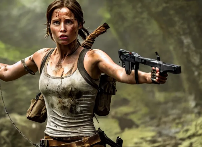 Image similar to film still of!!!! daisy edgar jones!!! as lara croft in new tomb raider movie, 8 k