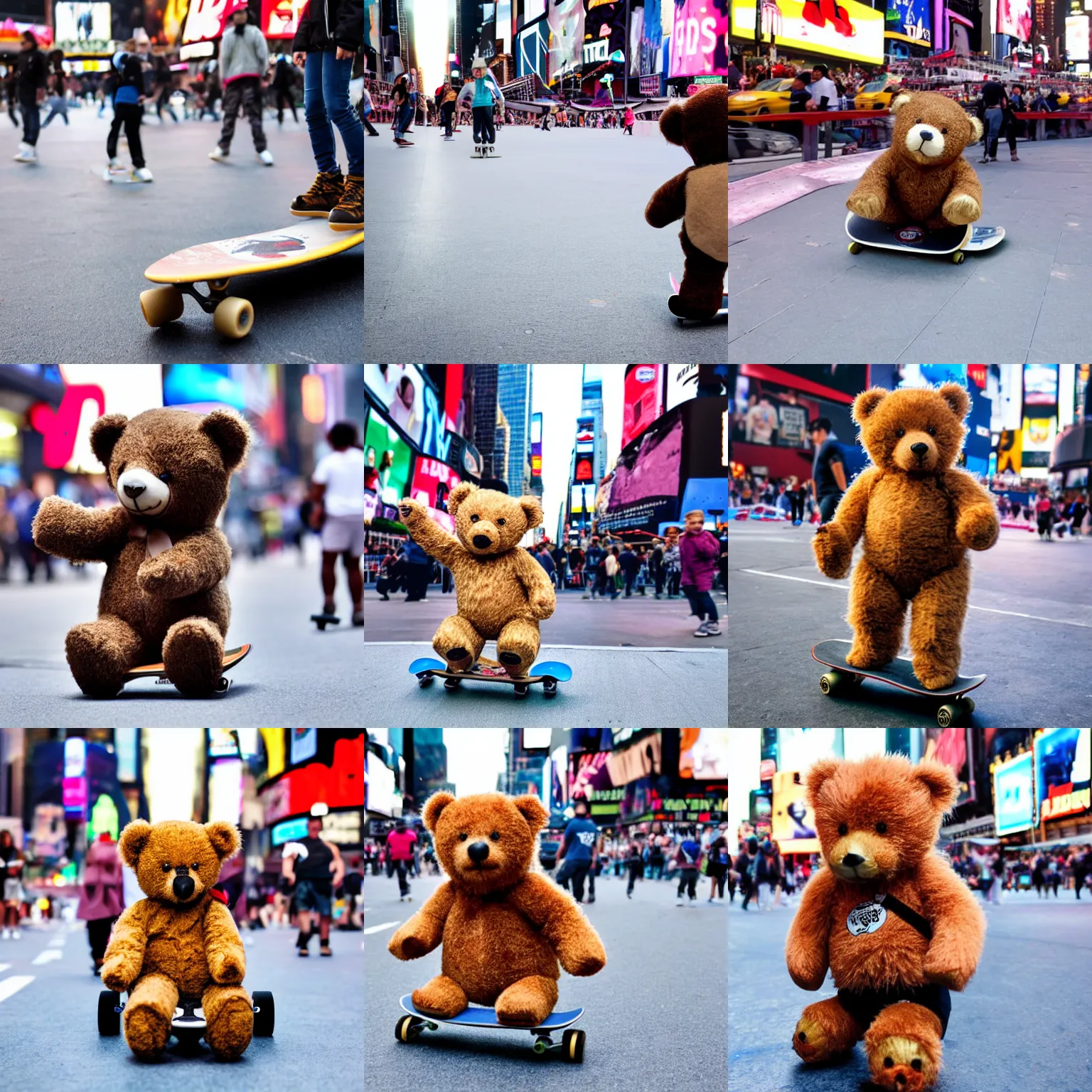 Prompt: a small teddy bear on a skateboard in times square, skater