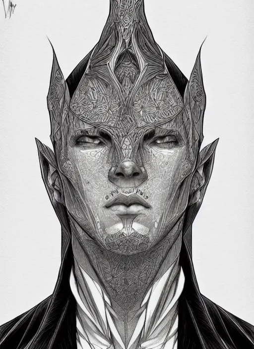 Image similar to symmetry!! concpet art, full shot, traditional ink!, sketch!! of a male vampire, line sketch!!, intricate, elegant, highly detailed, monochrome, digital painting, artstation, concept art, sharp focus, illustration, art by grzegorz przybys and yintiong