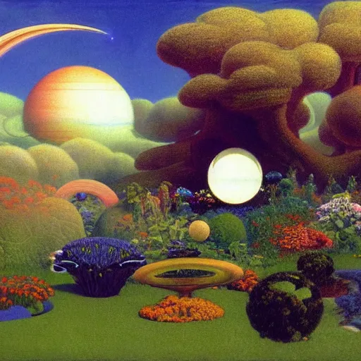 Prompt: a garden in orbit around saturn, 8 k, lowbrow, in the style of martin johnson heade, roger dean and john bauer,
