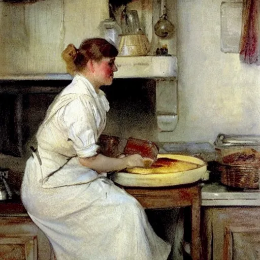 Image similar to a young edwardian woman baking bread in a cozy french kitchen, in the style of Anders Zorn