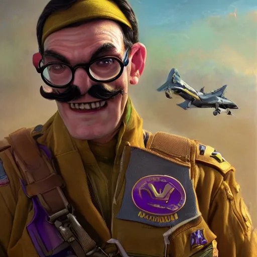 Image similar to waluigi as a combat pilot portrait, detailed, centered, digital painting, artstation, concept art, donato giancola, joseph christian leyendecker, wlop, boris vallejo, breathtaking, 8 k resolution, extremely detailed, beautiful, establishing shot, artistic, hyperrealistic, beautiful face, octane render, cinematic lighting, dramatic lighting, masterpiece