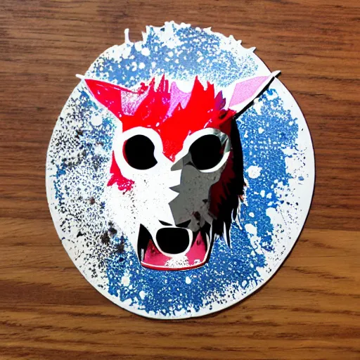 Image similar to die cut sticker, princess mononoke mask, splatter paint