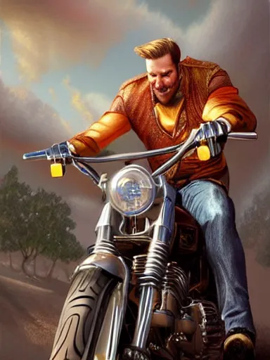 Prompt: handsome man. hi - yo silver! prancing a harley davidson. intricate, elegant, highly detailed, digital painting, artstation, concept art, sharp focus, illustration, by justin gerard and artgerm, 8 k