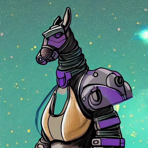 Image similar to cyberpunk donkey superhero, flying through space, ultrarealistic, with a spiral galaxy in the background