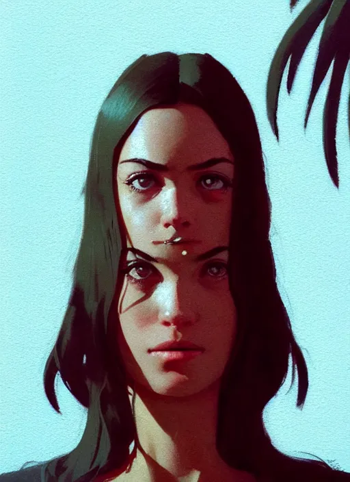 Image similar to a close up portrait film still of a depressed stunning instagram actress from a 1 9 7 0 s italian pulp fiction film looking up seriously at the camera lense. by stephen bliss, greg rutkowski, loish, rhads, makoto shinkai and lois van baarle, ilya kuvshinov, rossdraws, global illumination, ultra ornate detail