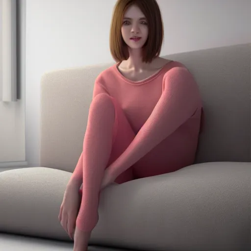 Image similar to 3 d render of a cute thin young woman, red blush, wearing casual clothes, small smile, relaxing on a couch, cozy under a blanket, cozy living room, medium shot, 8 k, octane render, trending on artstation, art by artgerm, unreal engine 5, hyperrealism, hyperdetailed, ultra realistic