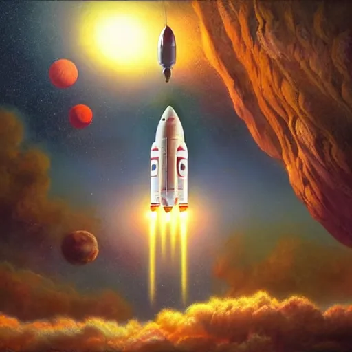 Prompt: A rocketship about to land on an unfamiliar planet, super cool rocket, Acrylic Paint, Concept Art, Digital Art, 16-bit RGB, Global Illumination, by Bob Byerley, by Yoshitaka Amano