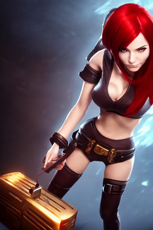 Image similar to Katarina from League of Legends holding a toaster, photorealistic full body, studio lighting, unreal engine 5, hyperrealistic, dynamic lighting, white ambient background, realistic, highly detailed