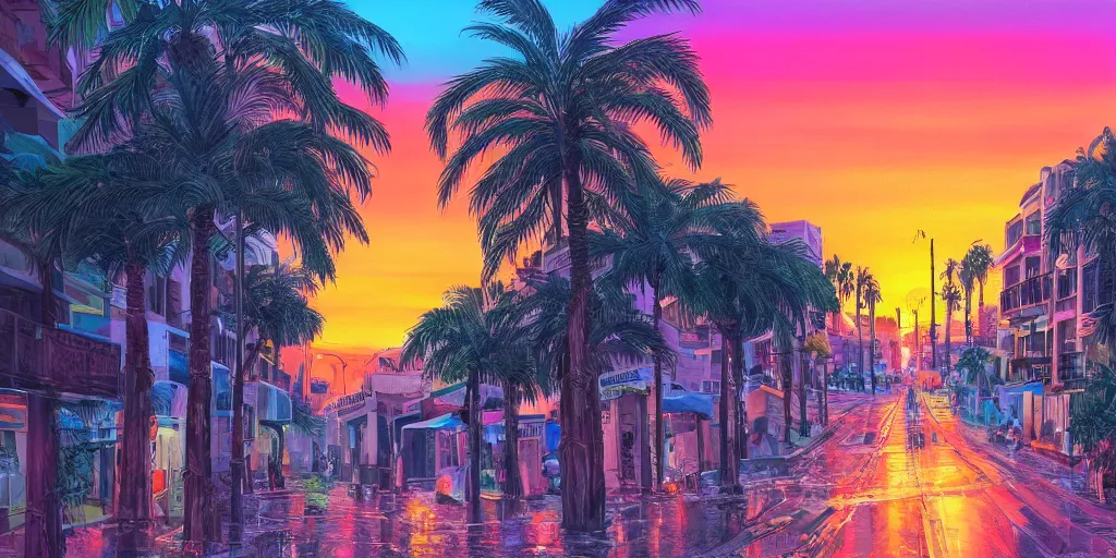 sethmillstein: gorgeous city 80s Vice city synthwave Miami landscape,  artstation winner, 1980s colors, winning-award masterpiece, fantastically  gaudy, aesthetic octane render, 8K HD Resolution