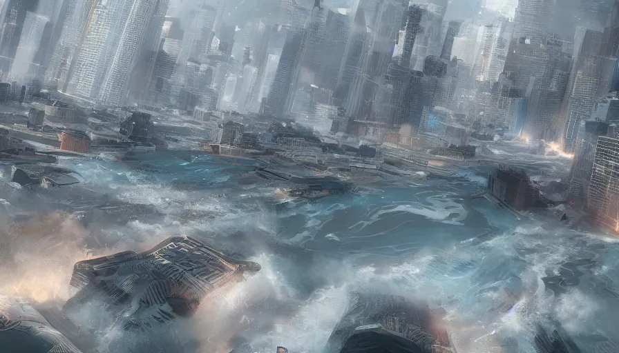 Prompt: Tsunami that hit Chicago, hyperdetailed, artstation, cgsociety, 8k