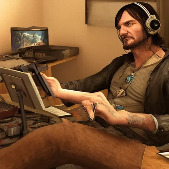 Image similar to john marston in his bedroom, playing pc games with gaming headphones on, photograph