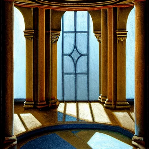 Image similar to still life painting of a room with a balcony. in the center lays an ancient holy artifact, shaped like torus ring, chromed and ornate with gentle iridescent shine from within. the ring lays on top of a pedestal. perspective from the side. realistic light and shadows. moody fantasy art, still life renaissance pastel painting.