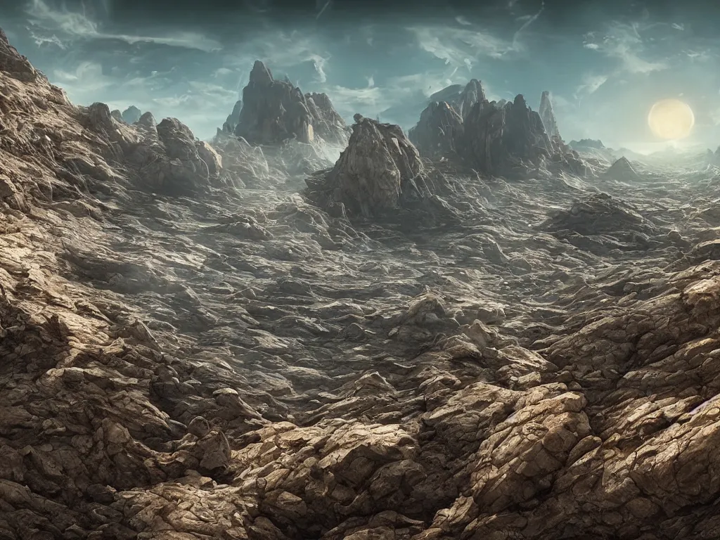 Prompt: Panorama view of an extraterrestrial landscape by Kilian Schönberger, highly detailed, sharp focus, illustration, cinematic lighting, Unreal Engine 5