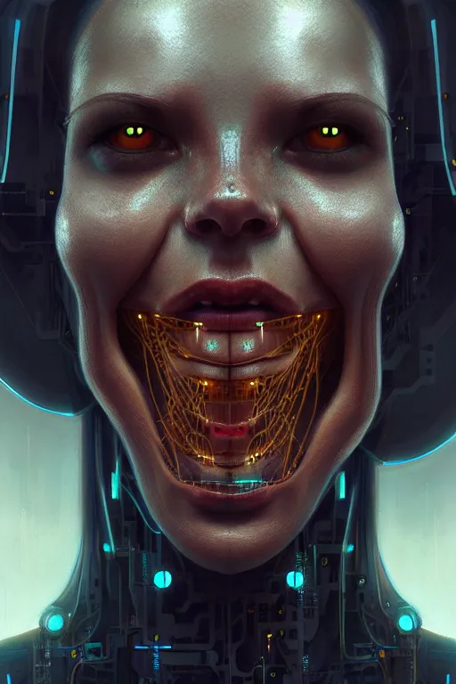 Image similar to cyborg face screaming, by sathish kumar and wlop, matte painting, artstation, detailed, photo realism, realism, intricate, ornate, cyberpunk, future, symmetry, technology, artificial intelligence