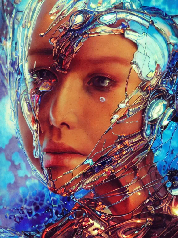 Prompt: closeup portrait of a transparent beautiful cyborg girl, shattered glass skin, glowing iris, cinematic light, backlight glow, red sky blue, mist, by mikhail vrubel, by philippe druillet, by peter elson, by gerald brom, muted colors, ( ( extreme detail ) ), trending on artstation, 8 k