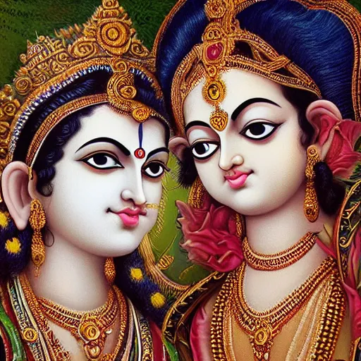 Image similar to natural character portrait of Hindu God Krishna with his lover Radha by mark ryden, insanely detailed and intricate, golden ratio, hypermaximalist, elegant, ornate, luxury, elite, James jean, Brian froud, ross tran, realistic 3D, hyper realistic, super detailed, realistic octane render, 8K, fashion photography