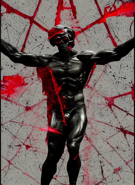 Image similar to dark design poster showing a close up of a heroic greco roman statue with skull, black background with very subtle red and purple design elements, powerful, nekro, vito acconci, thin straight lines, dark, glitch art, neo vaporwave, gritty, layout frame, square, trending on artstation