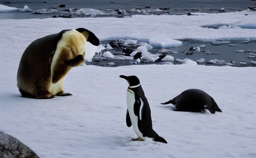 Image similar to A penguin, riding a polar bear, in an epic medieval battle