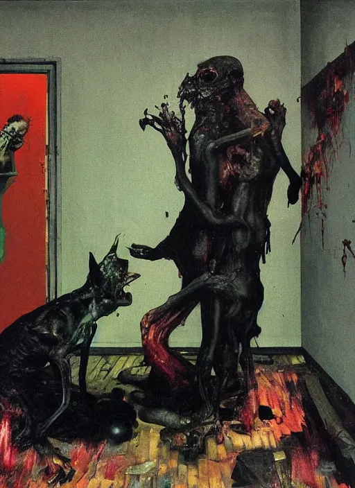 Image similar to two dark figures laughing and a black dog inside a decayed contemporary living room with large oxygen tank in the style of Francis Bacon and Zdzislaw Beksinski, Edward Hopper and Norman Rockwell, highly detailed, very coherent, triadic color scheme