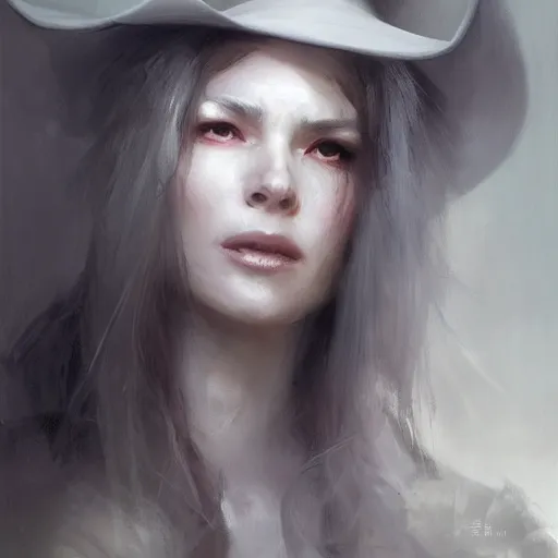 Prompt: portrait of a woman with a long duster, almost grey hair and a cowboy hat, harsh good looking face, drawn by Ruan Jia, fantasy art, dramatic lighting, digital art,highly detailed