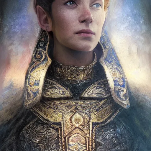 Image similar to the elder scrolls vi, charismatic!!! regal!!! brunette female jarl, portrait, throne room, atmospheric lighting, painted, intricate, volumetric lighting, beautiful, daytime, sunny weather, slight overcast, sharp focus, deep colours, ultra detailed, by leesha hannigan, ross tran, thierry doizon, kai carpenter, ignacio fernandez rios