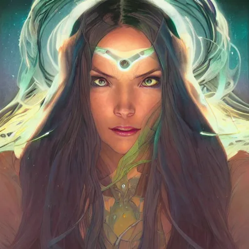 Image similar to cyborg, female, fantasy, bioluminiscence, flowing hair, portrait, highly detailed, digital painting, beautiful eyes, symmetry, concept art, sharp focus, illustration, art by artgerm and greg rutkowski and magali villeneuve and ilya kuvshinov! : : alphonse mucha : : - 0. 2