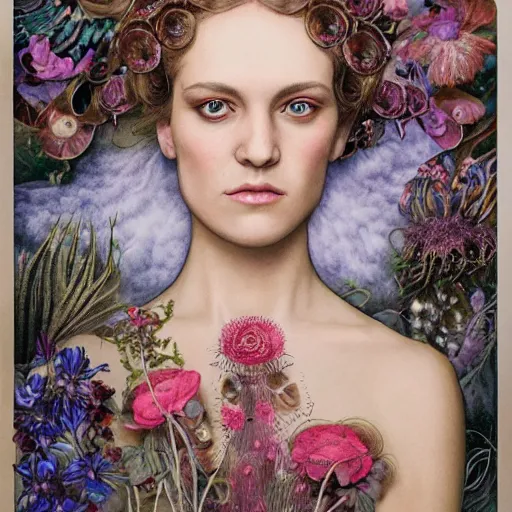 Image similar to portrait of Adrianne Lenker as a young pretty woman in flowing dress, arrogant, mysterious, long fine flowing hair, delicate, looking at camera, realistic face, intricate, stylish, elegant, grimdark, flowers, extremely detailed photograph by Martine Johanna and Ernst Haeckel and Greg Rutkowski