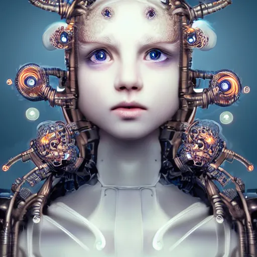 Prompt: stunning hyperdetailed upclose symmetrical portrait of 1 7 year old caucasian cyborg girl with translucent porcelain skin, lush thick hair, big electric eyes, ultra detailed ornate neon wire lacing, ultra detailed steampunk cyborg implants, complex white nano mechanical flowers, micro detail, by satoshi kon, sharp focus, trending on artstation hq, deviantart, pinterest, 8 k