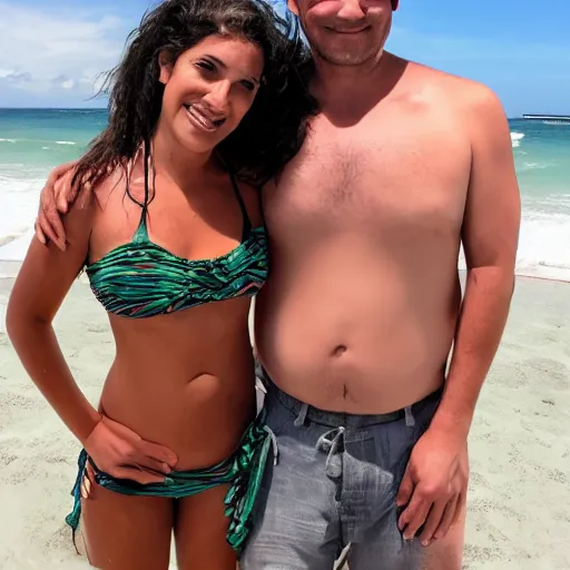 Image similar to photo of a 4 0 year old man that looks young for his age dating a very attractive and completely legal 1 8 year old woman wearing a bikini.